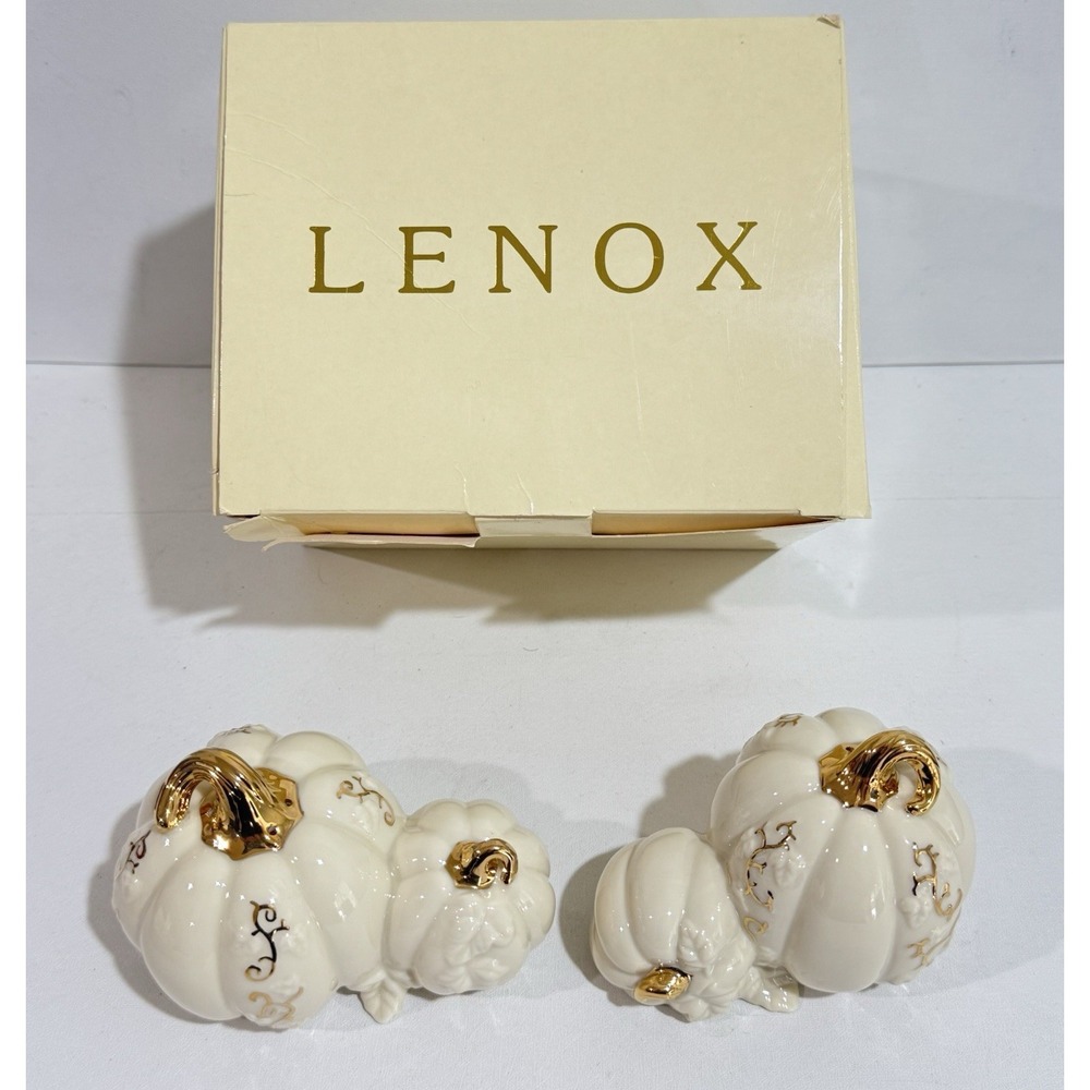 Lenox Golden Harvest Pumpkin Salt Pepper Shakers Ivory Gold NIB e2